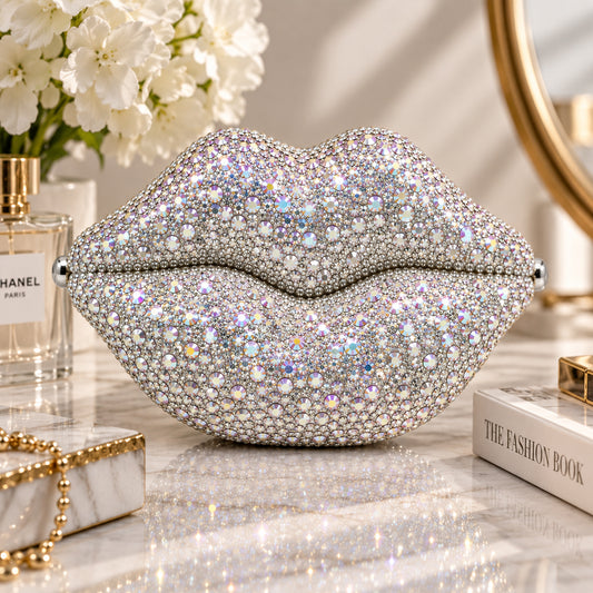 Crystal Lips Evening Clutch – Silver front view