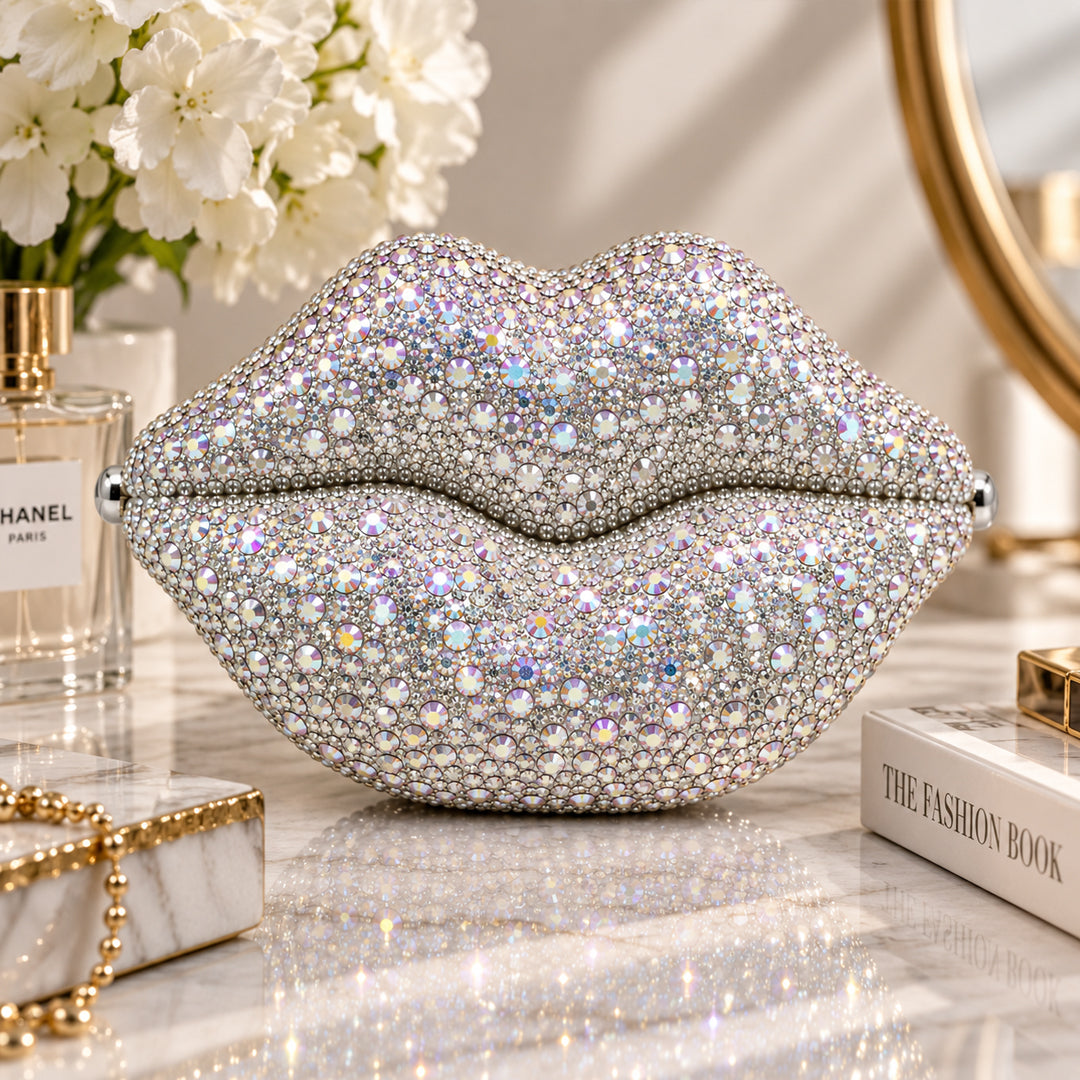 Crystal Lips Evening Clutch – Silver front view