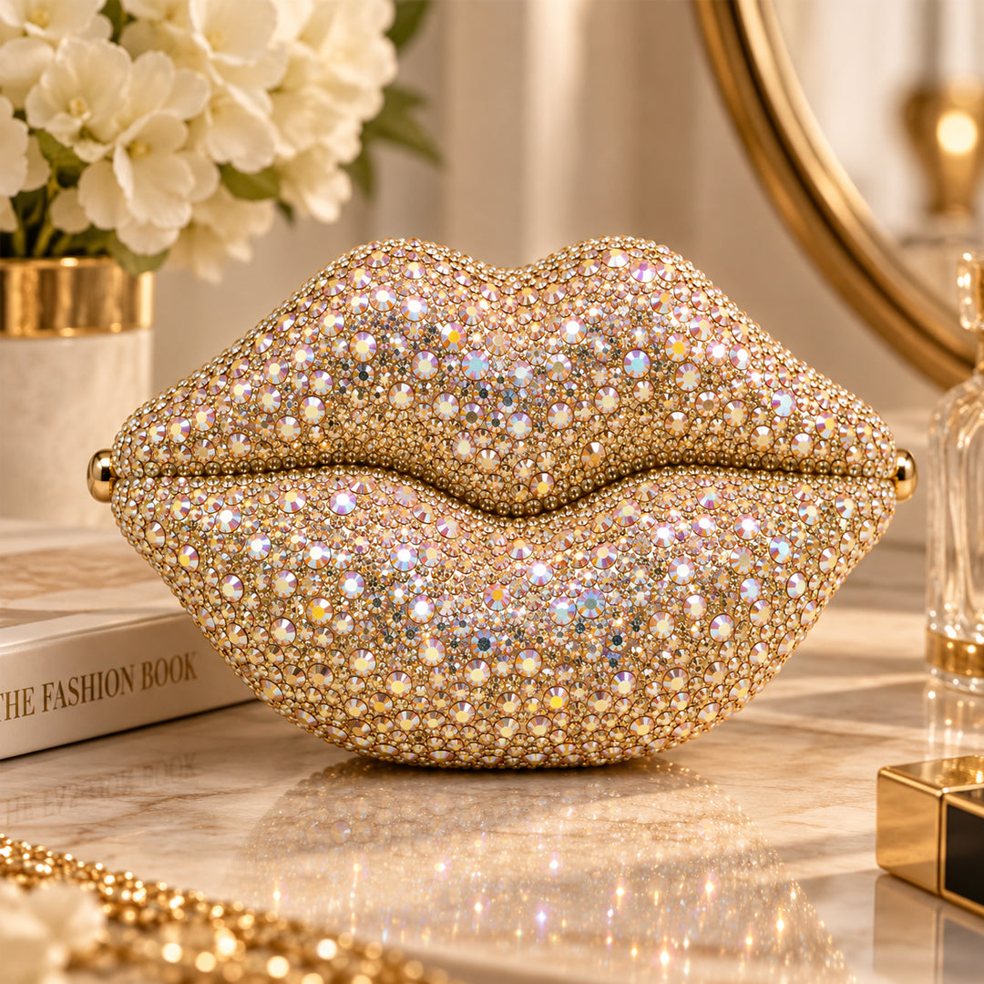 Crystal Lips Evening Clutch – Golden front view